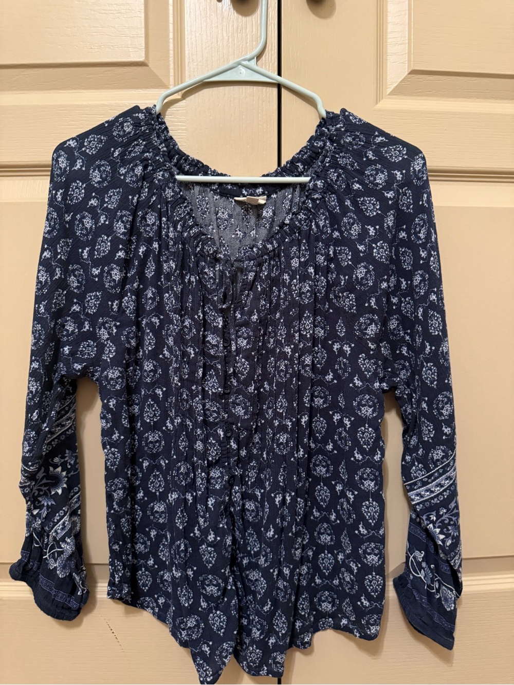Lucky Brand Navy Blue Printed Peasant Blouse